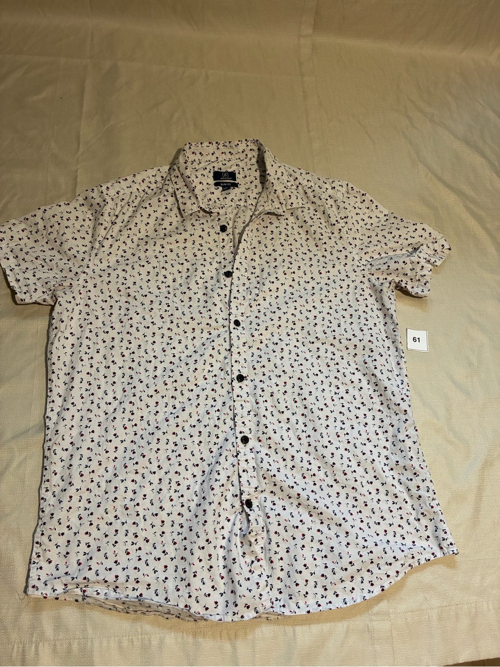 George White Short-Sleeve Button-Down with Small Red & Blue Print